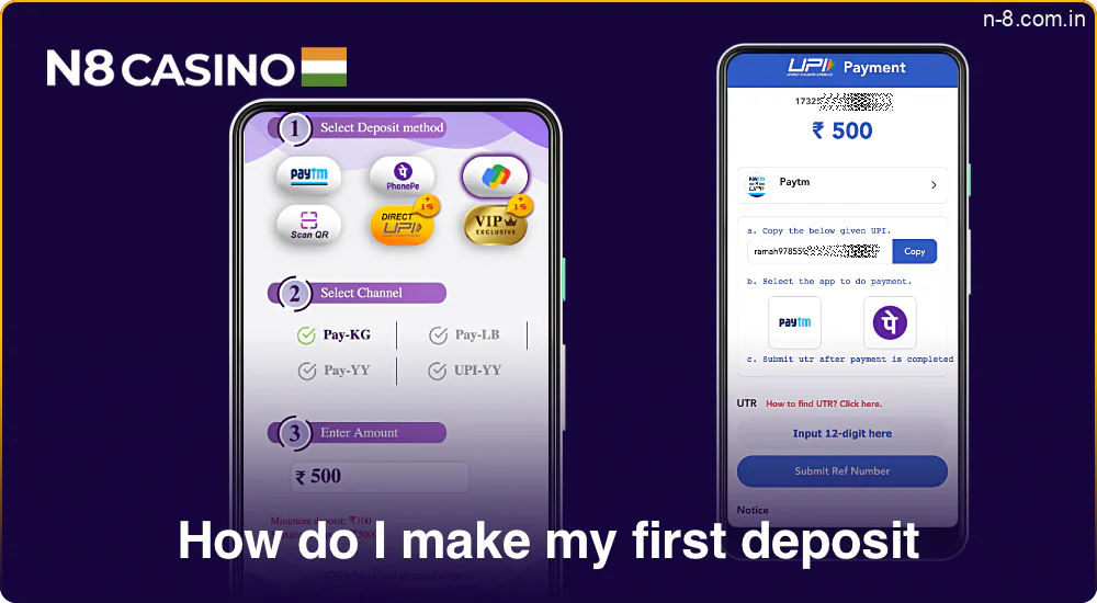 Steps to make your first deposit in the N8 Casino app