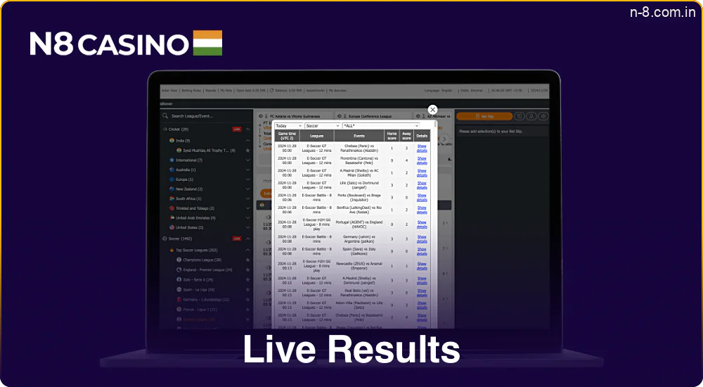 Live betting results in the N8 Casino
