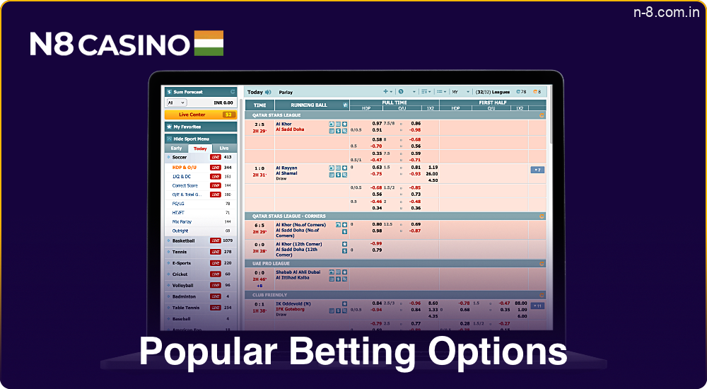 Most Popular betting options on N8 Casino Platform