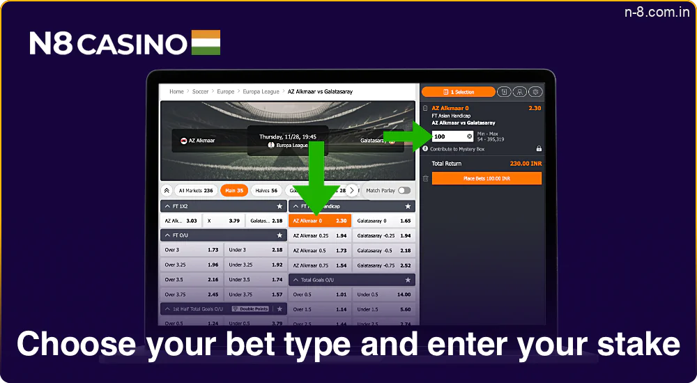 Select bet type and enter your stake in INR