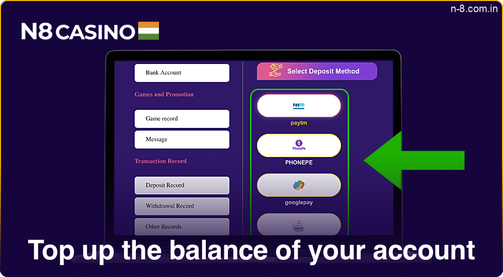 Make your first deposit at N8 Casino to play for money